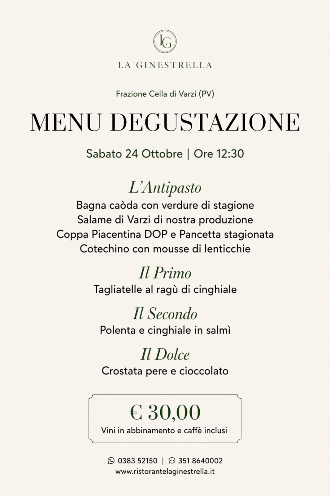 Locandina Menu Degustazione – Ristorante La Ginestrella, sabato 24 ottobre 2026 ore 12:30, 30 euro