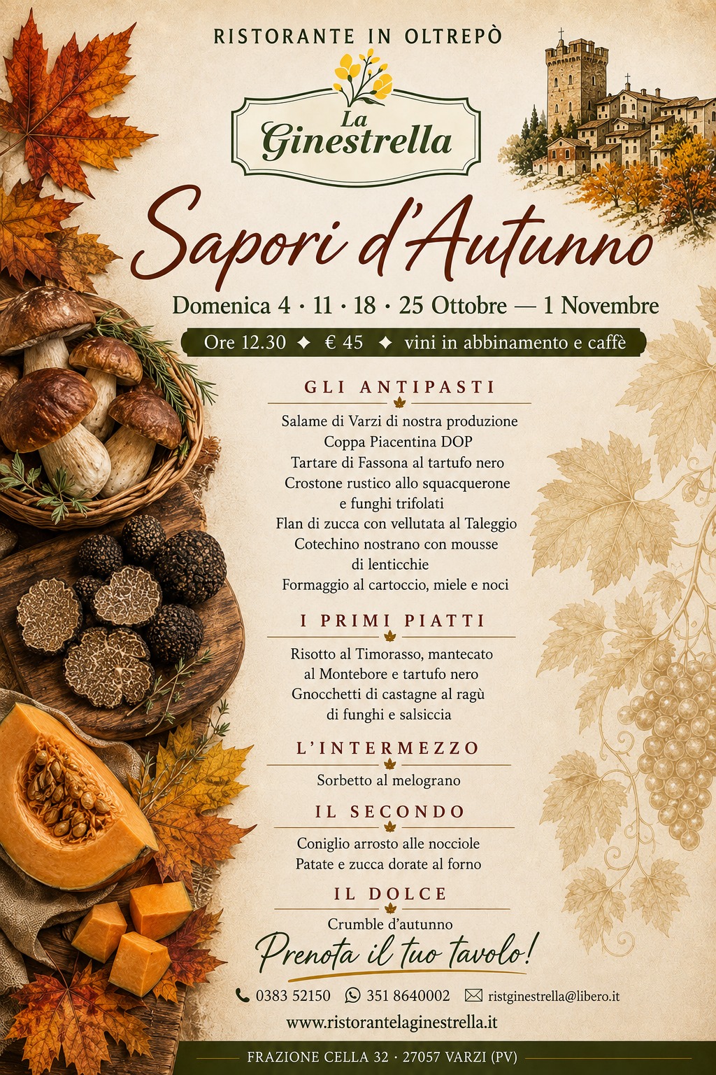 Locandina Sapori d'Autunno – Ristorante La Ginestrella, domenica 4, 11, 18, 25 Ottobre e 1 Novembre 2026